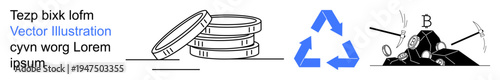 Cryptocurrency, blockchain, recycling, sustainability, environmental impact, digital finance. Stack of coins, recycling symbol cryptocurrency mining pickaxe and rock. Cryptocurrency and blockchain