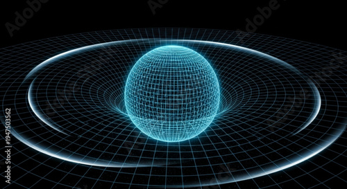 Glowing blue wireframe sphere with concentric grid lines and rings on a dark background futuristic technology concept