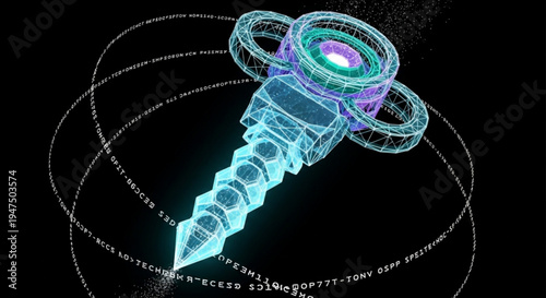 Glowing blue screw with purple and green neon rings rotating in a futuristic digital environment with binary code