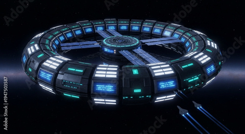 Futuristic spaceship control room with blue and green lights circular console and panels high tech interior design sci fi atmosphere space exploration advanced technology sleek