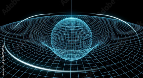 Futuristic 3d wireframe sphere with glowing blue grid lines on a black background representing technology and innovation in a virtual space with a sense of depth and curvature