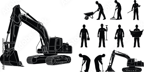 Black and white heavy construction machinery and worker silhouette set featuring hydraulic excavators, engineers with blueprints, laborers with wheelbarrows, and builders using manual hand tools.