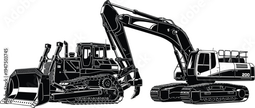 Black and white heavy construction machinery illustration featuring detailed technical sketches of a crawler excavator and a hydraulic bulldozer for industrial building site projects.
