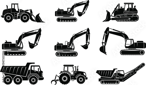 Black and white heavy construction machinery silhouette vector set featuring excavators, dump trucks, bulldozers, front loaders, and earthmoving equipment icons for industrial building site projects.