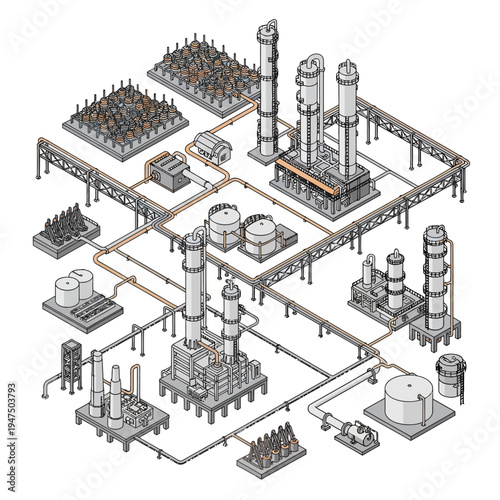 Isometric illustration of a complex industrial oil refinery with interconnected processing units.