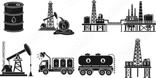 Black and White Icon Set of Oil and Gas Industry Icons Featuring Petroleum Barrels Drilling Rigs Tanker Trucks and Offshore Refineries Isolated on White