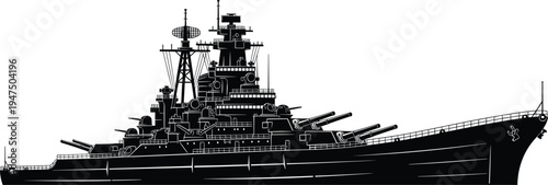 Black and white military battleship silhouette vector illustration featuring a detailed naval warship with heavy artillery turrets, radar antennas, and armored hull for maritime defense.