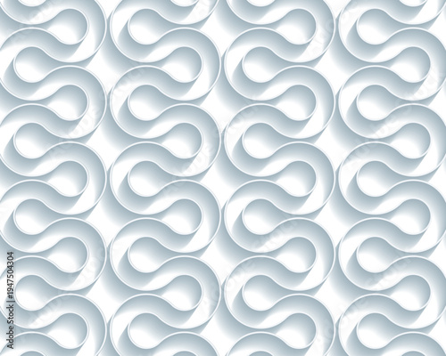 Seamless rounded teardrop loop pattern in white 3D paper cut style with repeating S curves, embossed layers, and soft shadows, elegant abstract geometric vector background