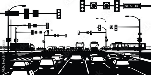 Black and white vector silhouette of heavy city traffic at a busy urban intersection with cars, trucks, buses, street lights, and road signage