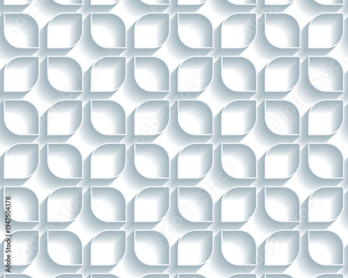 Seamless curved square tile pattern in white 3D paper cut style with embossed leaf like shapes, soft shadows, and retro minimal geometry, abstract vector wallpape