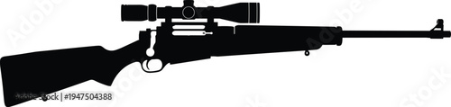 Black silhouette illustration of a bolt action sniper rifle with telescopic optical scope and long barrel isolated on white background for hunting and tactical designs.