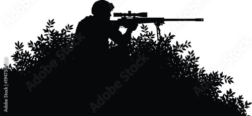 Black silhouette of a sniper soldier with precision rifle and optical scope hiding in bushes for tactical military operations mission and combat vector illustration.