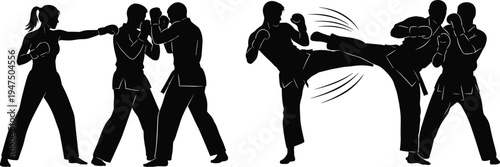 Black vector silhouettes of men and women practicing martial arts, karate, and self-defense moves including punches, high kicks, and blocking techniques on white background