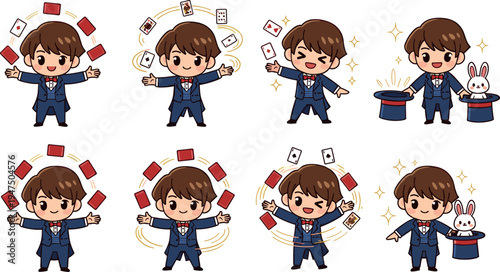 Cute cartoon magician boy performing magic tricks with cards hat and rabbit playful fantasy character illustration set isolated on light background for children design