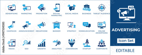 Advertising and digital marketing icon set featuring SEO, social media campaign, target audience, megaphone announcement, sales funnel, marketing strategy, and brand promotion symbols.