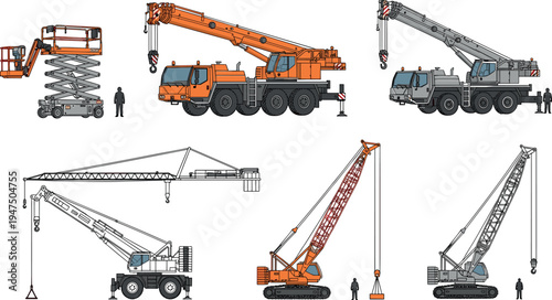 Set of construction cranes and lifting machinery including mobile crane, tower crane and scissor lift platform, vector illustration for heavy equipment industrial engineering projects