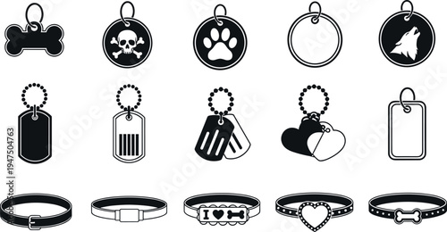 Set of dog collar tags and pet accessories silhouette icons including bone, paw, skull, heart and round tags, vector collection for animal identification design