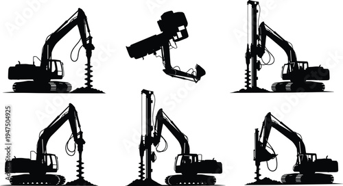 Collection of black silhouettes featuring heavy industrial drilling rigs and excavator augers for foundation work construction site preparation and civil engineering projects vector.