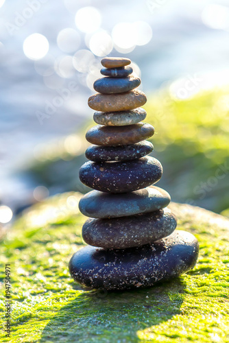 Wallpaper Mural Peaceful nature scene featuring a carefully balanced stack of smooth stones placed on a moss-covered rock.  Torontodigital.ca