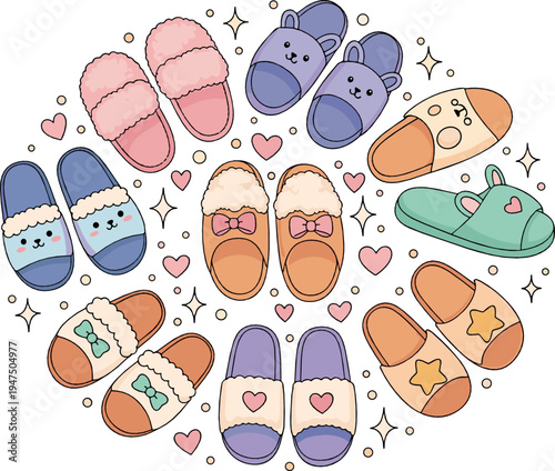 Cute cozy home slippers arranged in circle with comfy indoor footwear illustration set