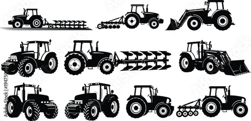 Collection of black silhouettes featuring modern farm tractors with various attachments including plows and front loaders for agricultural industry and rural land cultivation vector designs.