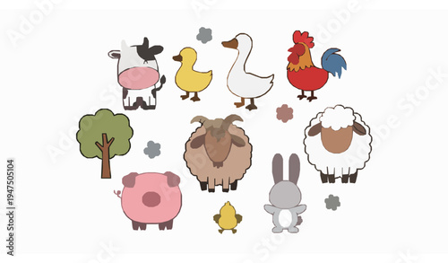 Cute colorful farm animals doodle vector set with cow pig sheep chicken rabbit and duck hand drawn cartoon collection