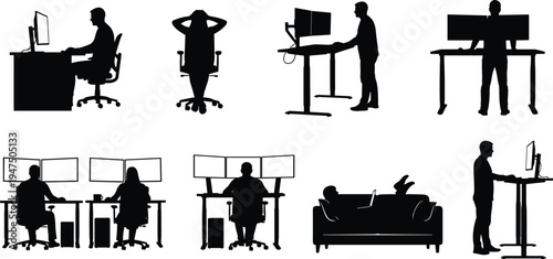 Collection of black silhouettes featuring people working at desks with computers dual monitors and standing desks in home offices and professional corporate workplace environments.
