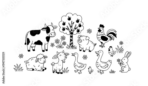 Cute farm animal doodle scene vector with cow pig sheep duck rabbit rooster goat and apple tree
