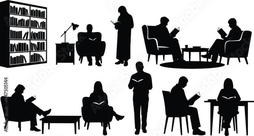 Collection of black silhouettes featuring people reading books in libraries and living rooms with bookshelves and furniture isolated on white background for education vector designs.