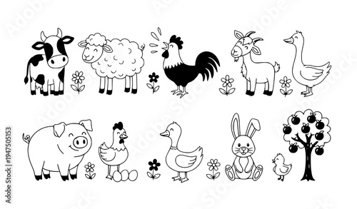 Hand drawn colorful farm animal characters vector collection with cow pig sheep rooster duck rabbit and flowers