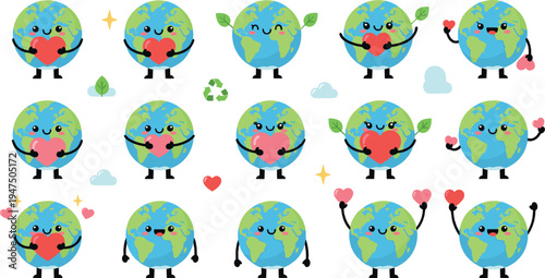 Cute Earth Cartoon Characters Vector Set with Planet Holding Hearts Love Nature Environment Sustainability Mascot Illustration Collection