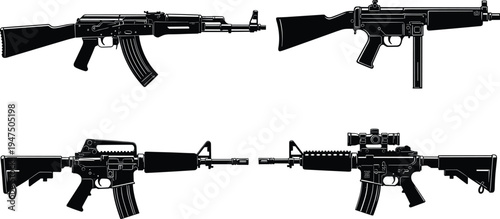 Collection of black silhouettes featuring various modern assault rifles submachine guns and tactical firearms with scopes isolated on white background for military and gaming designs.