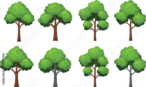 Collection of green deciduous tree vectors with lush foliage and brown trunks in a flat cartoon style isolated on white for landscape nature designs.