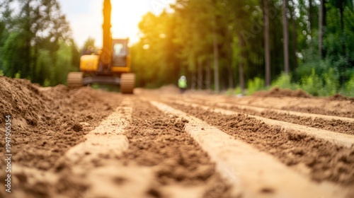 Construction site earthworks with excavator and prepared ground