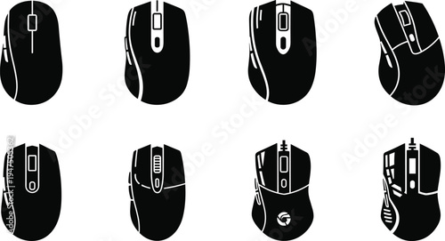 Collection of computer mouse silhouettes showing different ergonomic wireless and gaming designs, black vector icons isolated for technology interface hardware illustration set modern