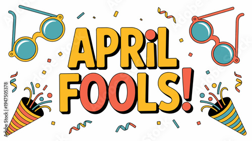 Colorful april fools' day celebration with sunglasses and party horns on white background