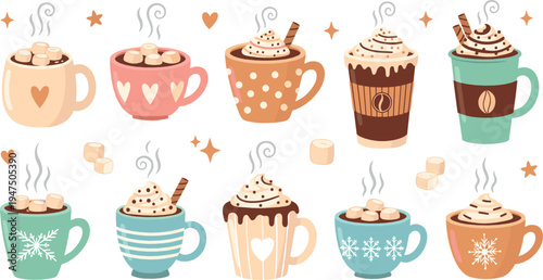 Cute Hand Drawn Hot Chocolate and Coffee Mug Vector Set with Marshmallows Whipped Cream Winter Drinks Cozy Beverage Collection