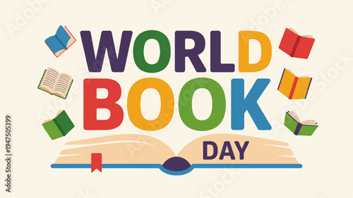Vibrant world book day celebration with colorful books and typography on light background