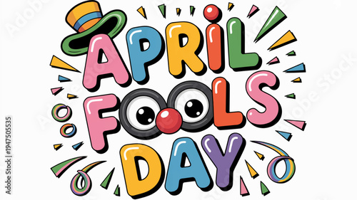 Colorful april fools day text with hat and eye graphic elements on white background