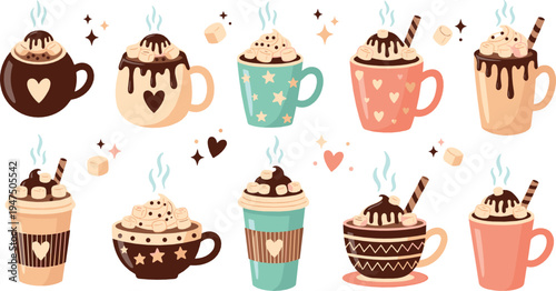 Cute hot chocolate mugs collection with whipped cream, marshmallows and cozy winter drink decorations illustration set