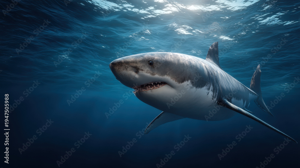 Fototapeta premium Great white shark shark ocean underwater marine predator dorsal fin tooth sea swimming