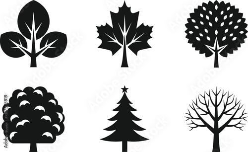 Collection of six stylized black tree silhouettes showcasing diverse shapes including maple, conifer, bare branches, and rounded foliage for design, education, and environmental concepts