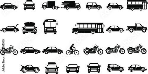 Collection of transportation vehicle silhouettes including cars, buses, trucks, motorcycles and bicycle isolated on white background, modern transport icon 