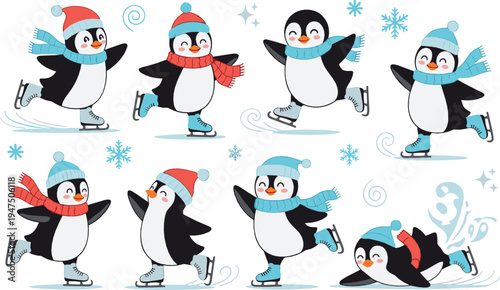 Cute Penguin Ice Skating Vector Characters Set with Winter Scarves Hats Snowflakes Cartoon Penguins Skating Illustration Collection