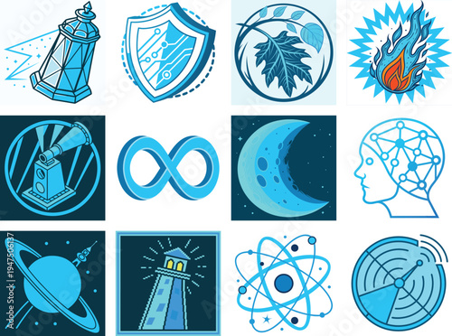 A vibrant collection of blue icons and symbols representing science, technology, and innovation on a white background, ideal for use in educational materials, presentations, and digital projects.