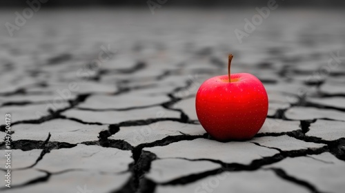Single red fruit on cracked dry ground