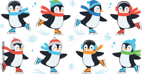 Cute penguins ice skating collection with winter cartoon penguin characters illustration set