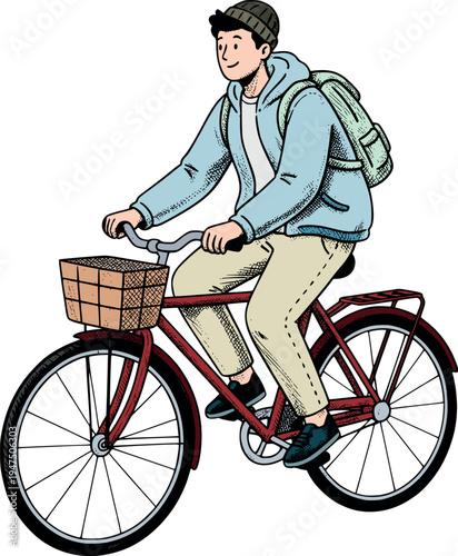 A male cyclist in a helmet performs a sports activity riding his bmx bike wheel while a woman silhouette vector illustration of a person biking for fun appears in the background