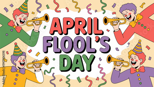 April fool's day illustration with clowns blowing horns and confetti on festive background