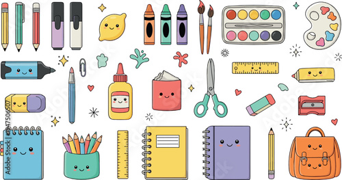 Cute school stationery collection with pencils, notebooks, crayons and art supplies illustration set